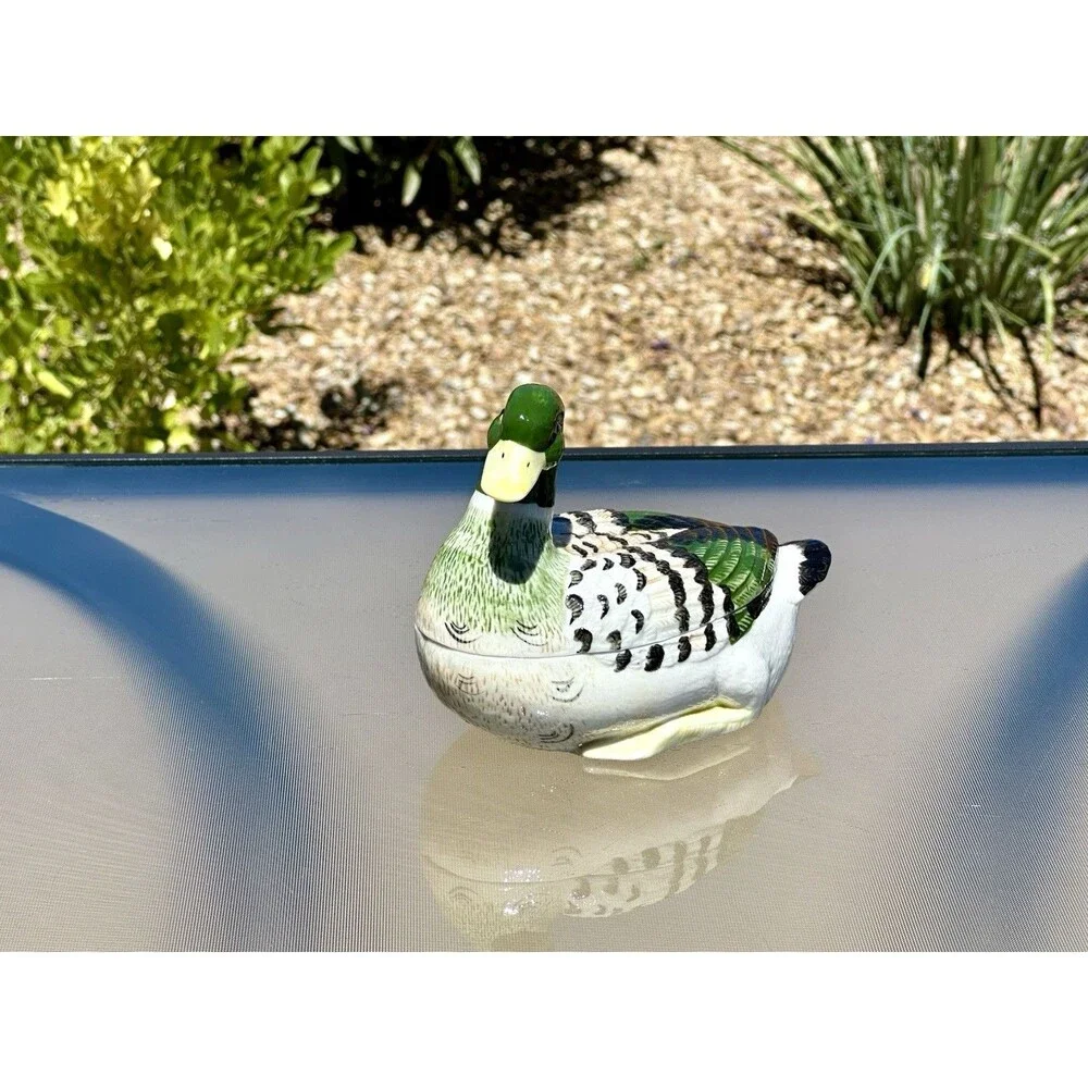 Vintage Porcelain Male Mallard Duck Figural Trinket Box/ Small Candy Dish  6” L